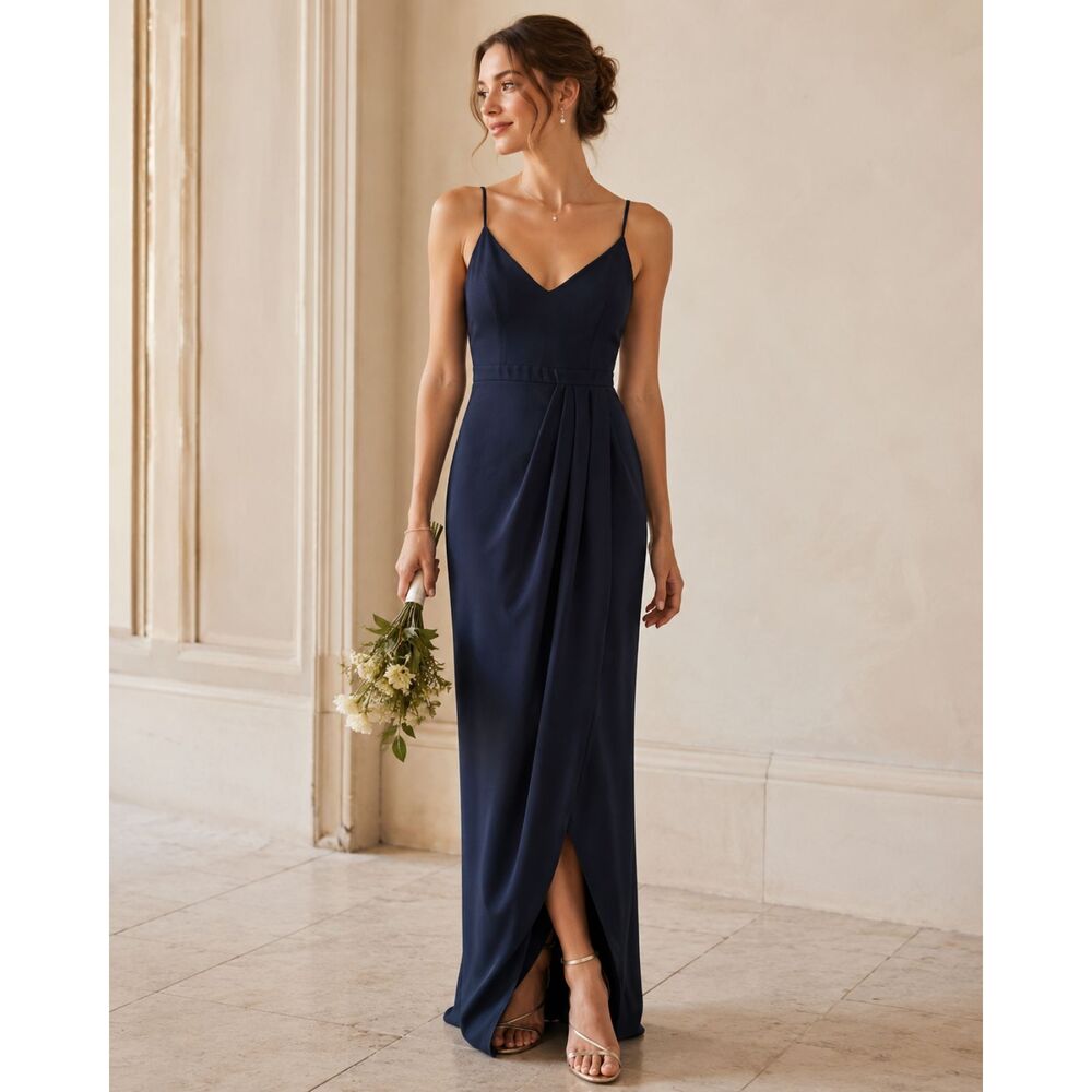 BHLDN Navy Blue Spaghetti Strap Wrap Maxi Dress Side Slit Formal Gown US 16